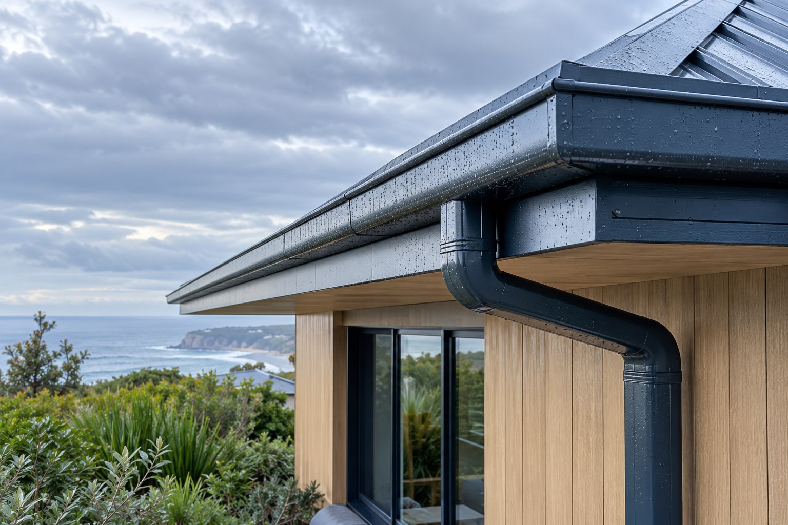 Illustrative gutter and downpipe on a Newcastle coastal home